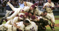 Florida State players pile on top of each other as they celebrate after an NCAA college baseball tournament super regional game against Stanford on Sunday, June 10, 2012 in Tallahassee, Fla. Florida State won 18-7 and advanced to the College World Series. (AP Photo/Phil Sears)